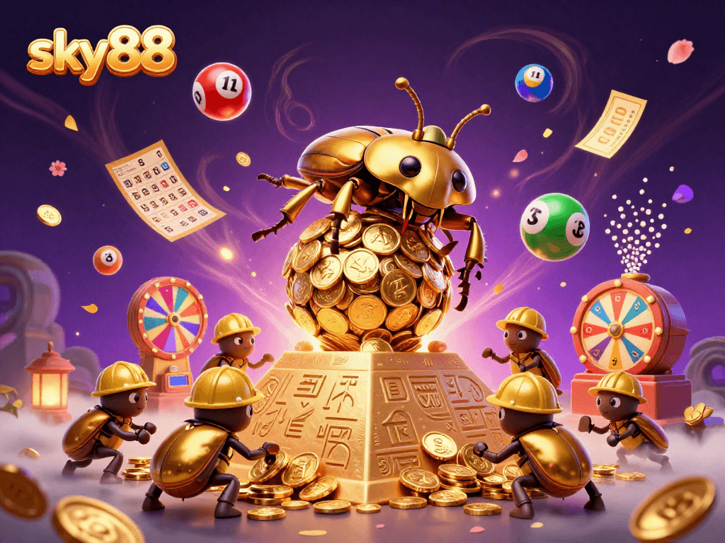 Experience the excitement and winning potential of sky88 with this vibrant lottery scene featuring colorful bouncing balls.