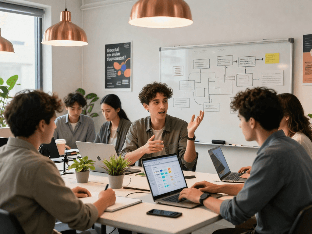 Tech professionals collaboratively using Juicy ai in a bright startup workspace.