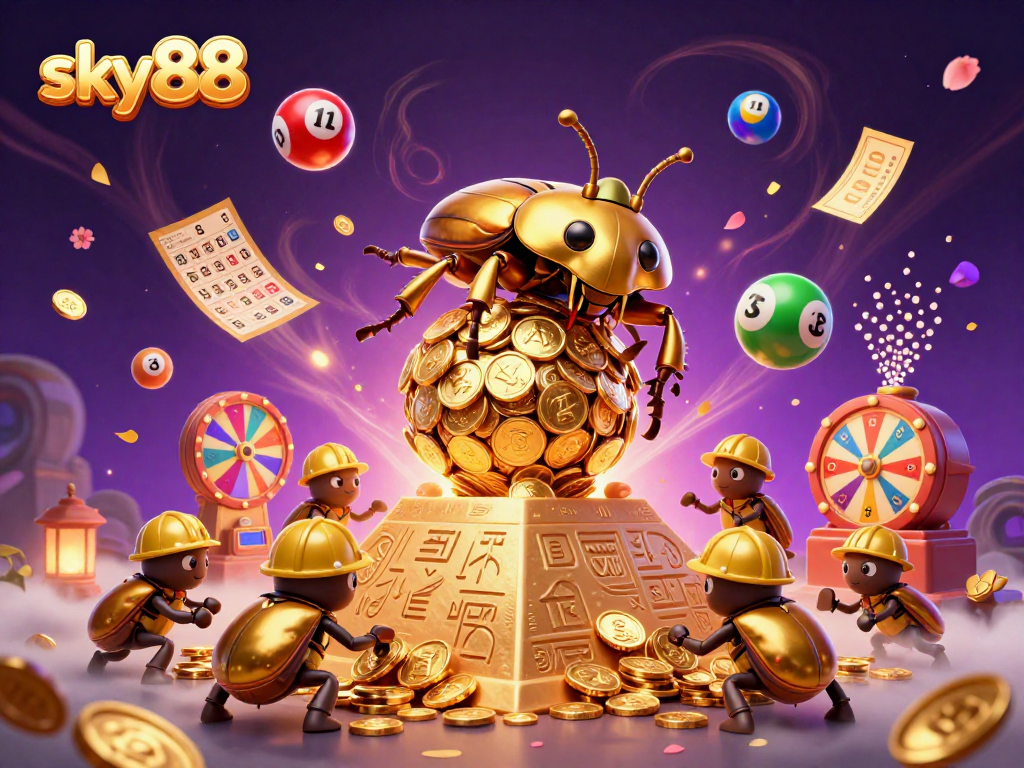 Experience the excitement and winning potential of sky88 with this vibrant lottery scene featuring colorful bouncing balls.