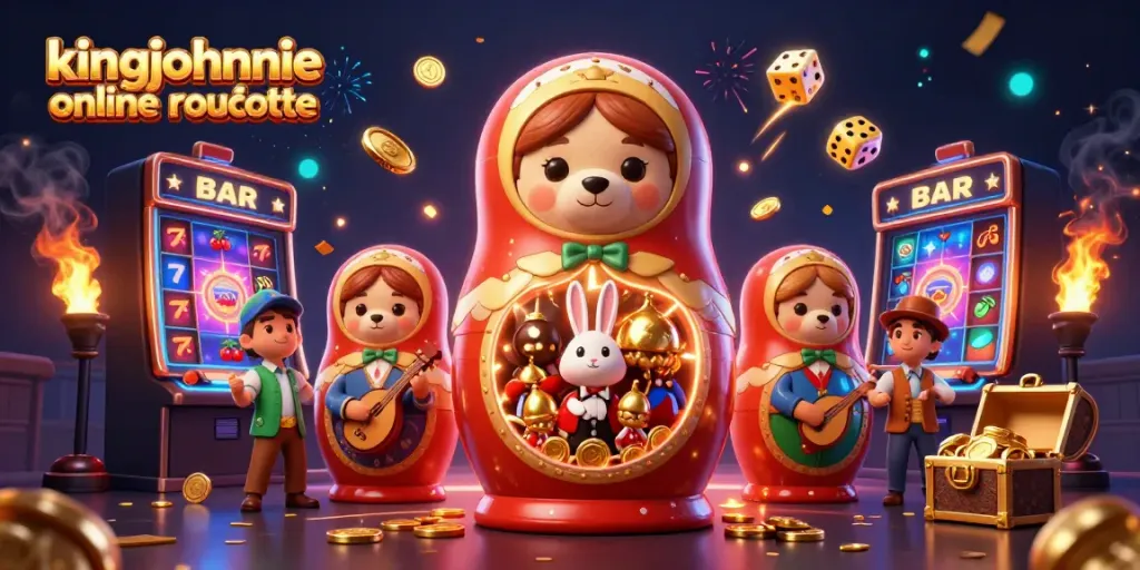 Experience the thrill of kingjohnnie online roulette in a vibrant 3D casino scene filled with characters and excitement.