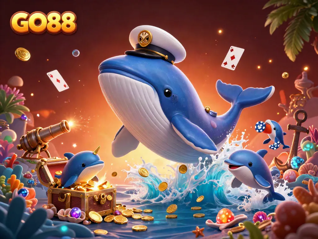 GO88 whale captain breaching through coins, showcasing excitement in casino gaming.