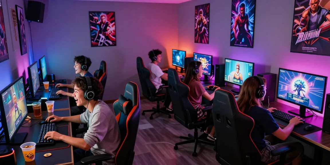 Exciting scene of friends playing gay porn games in a vibrant gaming lounge with colorful lights and high-resolution screens.