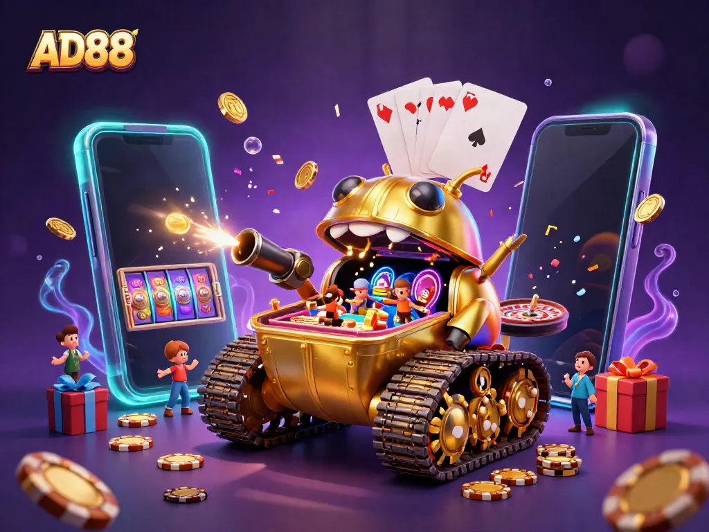 Experience the excitement of AD88 with a golden beetle casino tank filled with vibrant gaming elements.