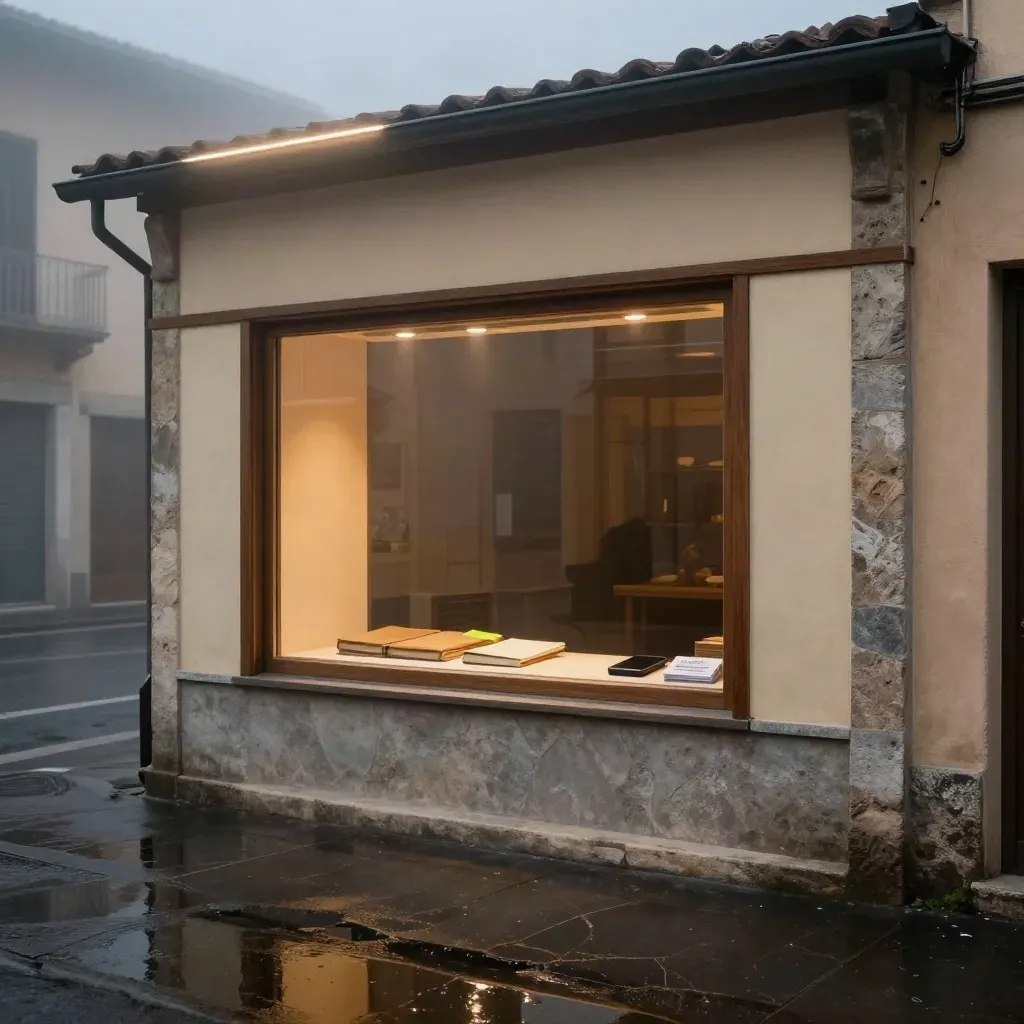 Vetrina di negozio italiano all’alba con taccuino, telefono e biglietti da visita sfocati.