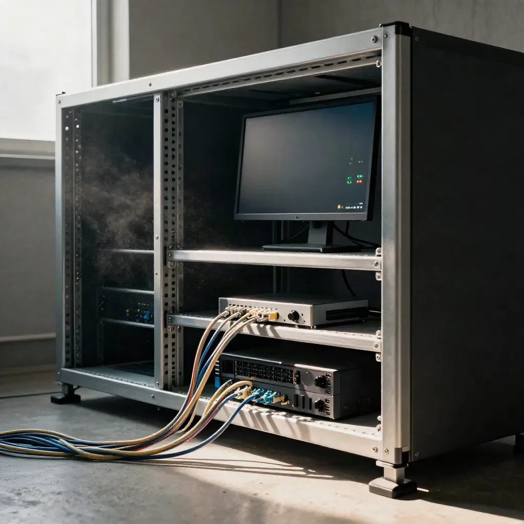 Rack server con cavi e luci di stato che si assestano nel buio