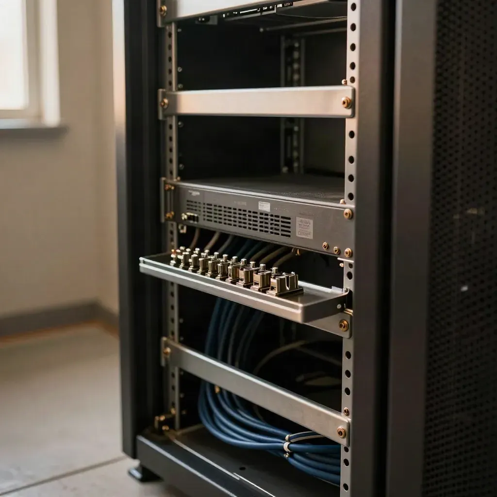 Armadio server con cavi ordinati, pannelli patch e router in luce calda, atmosfera tecnica.