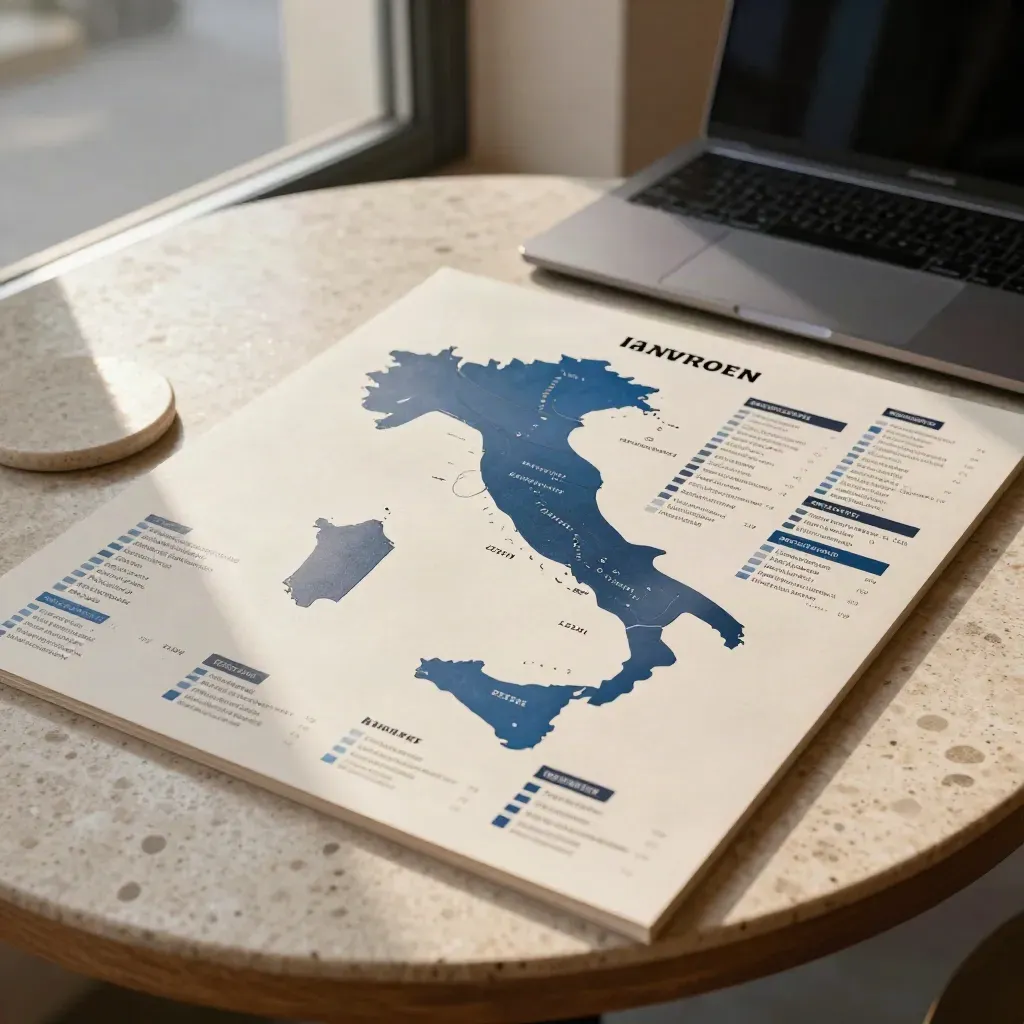 Tavolo in travertino con bacheca mappe, tab azzurri, laptop chiuso e sottobicchiere al bar.