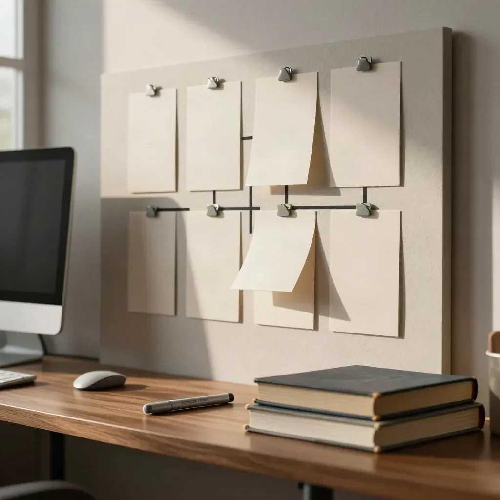 Wall di pianificazione SEO con card bianche, monitor ruotato e libri ordinati.