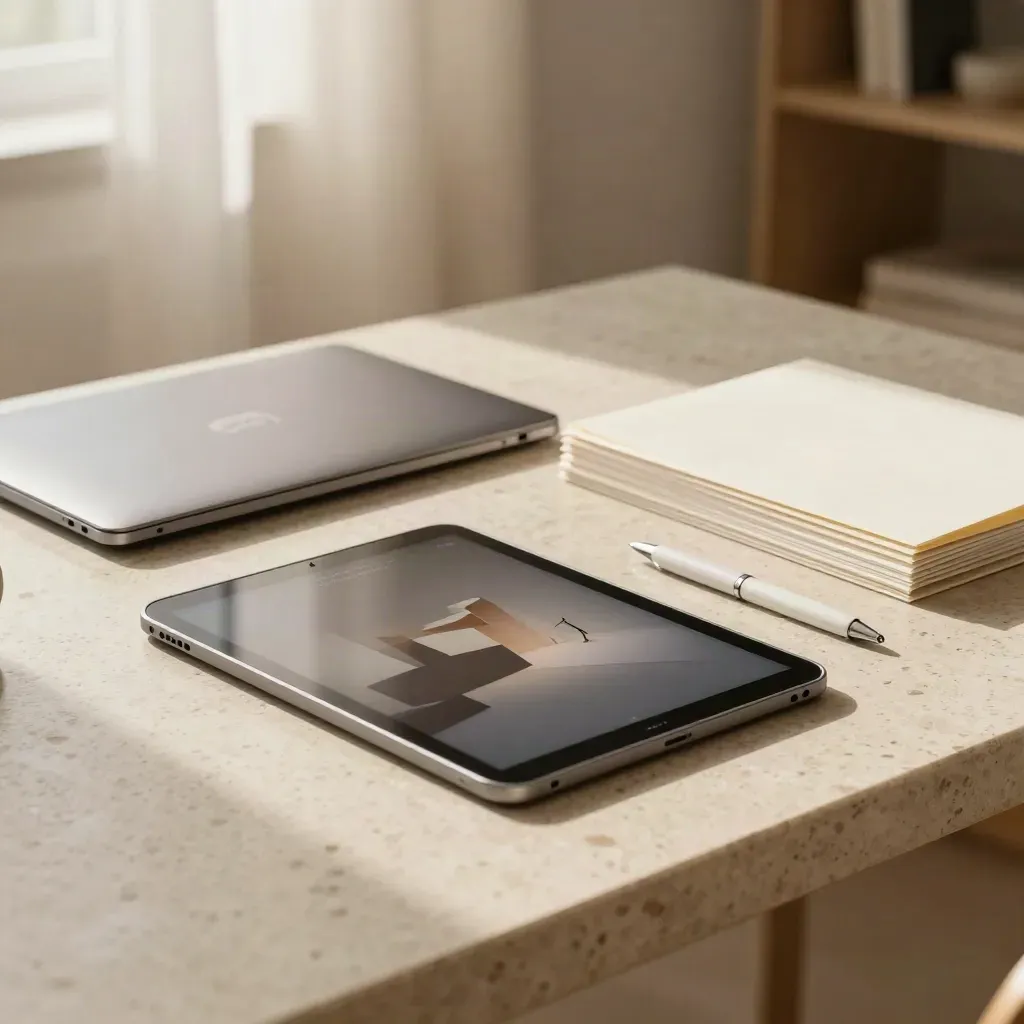 Tablet inclinato, laptop chiuso e cartelle ordinate in un ufficio luminoso, luce calda da finestra.