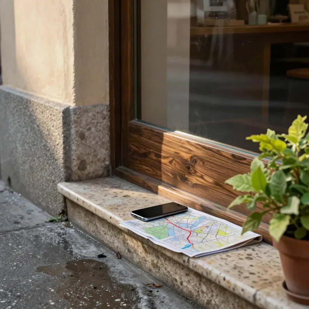 Facciata di negozio italiano all’alba, telefono e mappa su banco, pianta verde in primo piano.