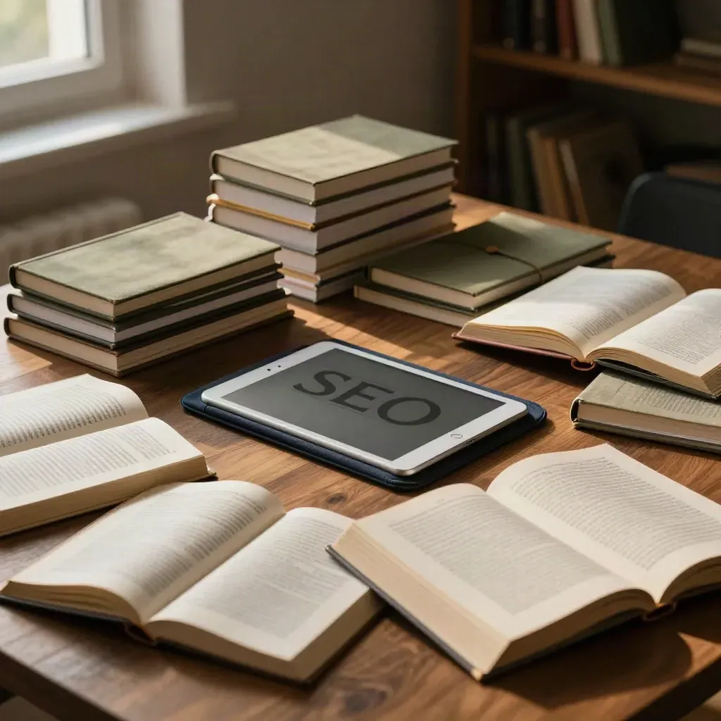 Tavolo SEO con taccuini, tablet e libri aperti in una stanza luminosa e analitica.