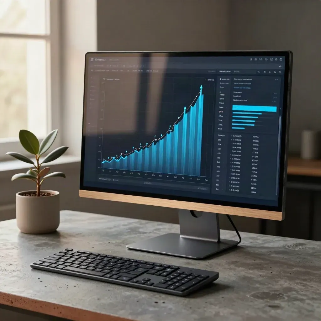 Monitor dashboard inclinato, tastiera e piantina in scena SEO dinamica con luce fredda.