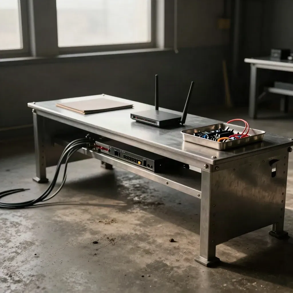 Banco tecnico per il crawl fix con router, canaline aperte e utensili in luce drammatica.