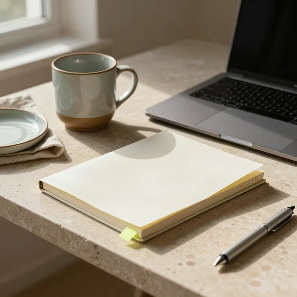 Laptop, taccuino bianco e tazza in ceramica su pietra, luce calda e atmosfera editoriale.