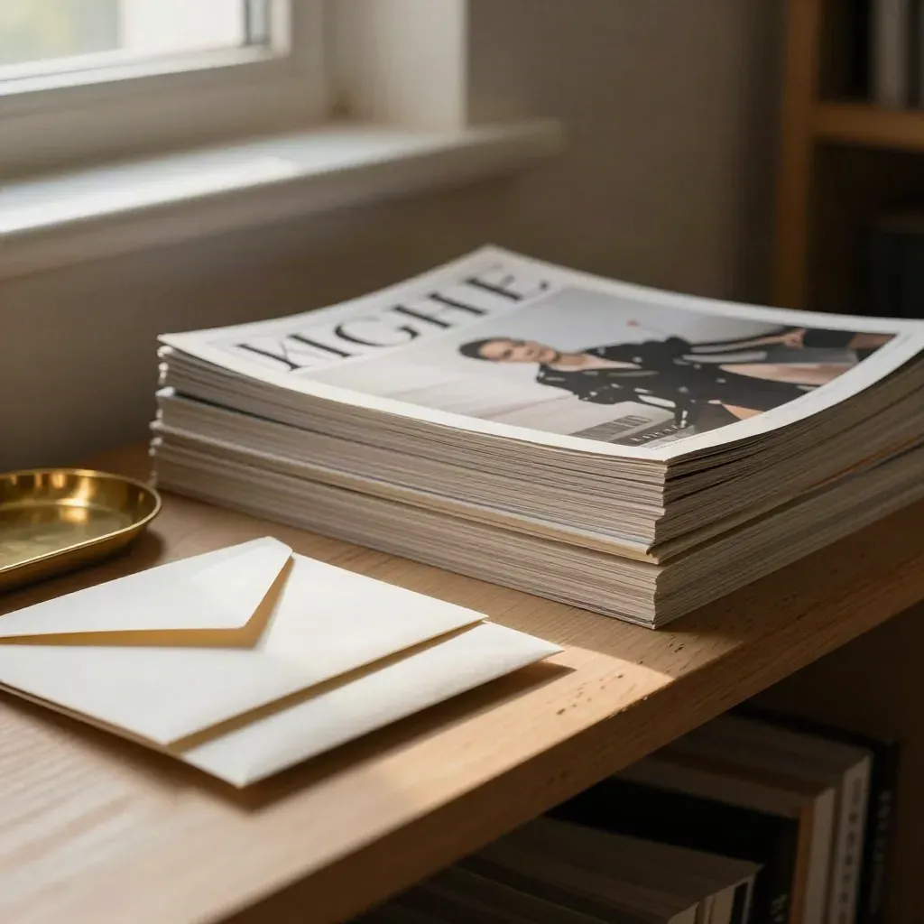 Ripiano editoriale con riviste, buste sigillate e vassoio in ottone, luce calda da finestra.