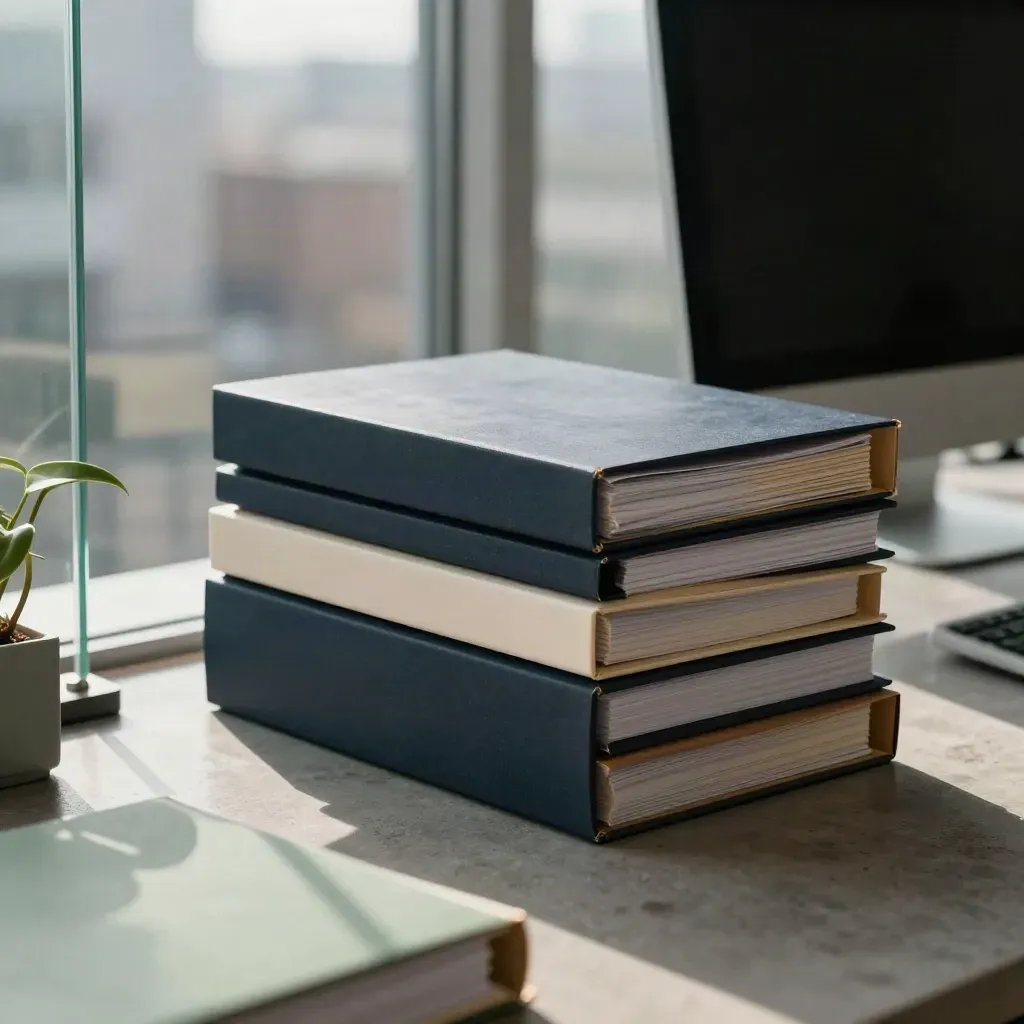 Monitor e cartelle clienti in un ufficio SEO moderno con pianta e parete di vetro.