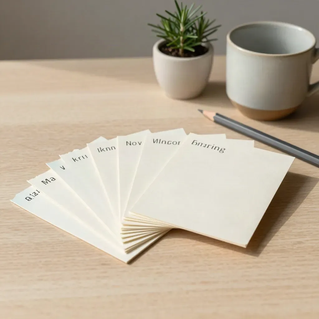 Carte keyword sfogliate con matita, piantina e tazza su legno chiaro.