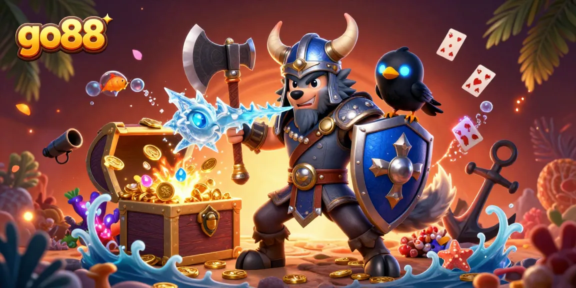 Experience the thrill of go88 with a Viking warrior, a fierce dragon, and treasures in a vibrant casino setting.