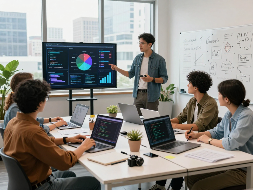 Dynamic team collaboration on hot ai trends in a modern tech startup workspace.