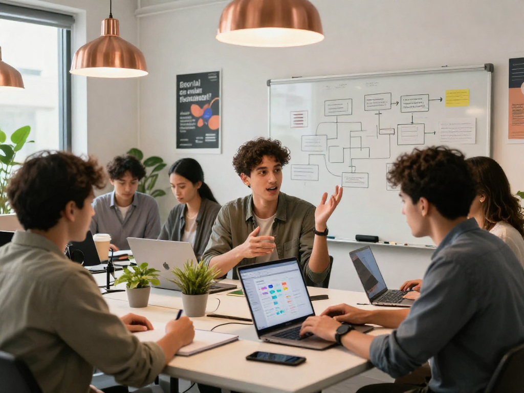 Tech professionals collaboratively using Juicy ai in a bright startup workspace.